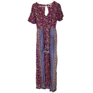 Francescas Miami Romper Maxi Dress Womens Small Burgundy Red Floral Short Sleeve